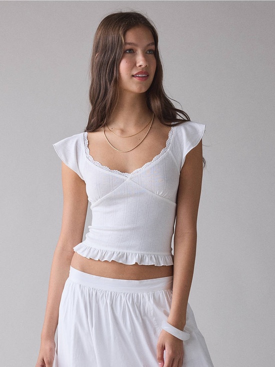 Kimchi Blue Tops - UO Kimchi Blue Posie Pointelle Knit Lace-Trim Ruffle Top in Ivory